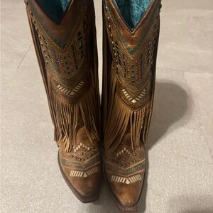 Women’s Corral Fringe Snip Toe Western Cowgirl Boots - Brown